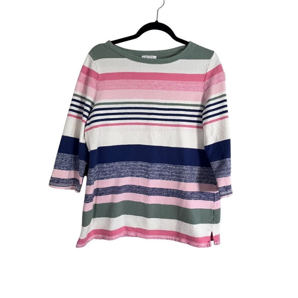 Talbots Top Women L Pink Striped Terry Summer Beach Travel Neutral Feminine 80s